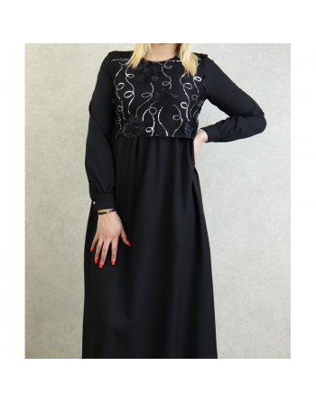 Robe élégante maxi-longue et ample bi-matière pour femme (Grande taille disponible) - Couleur noir 