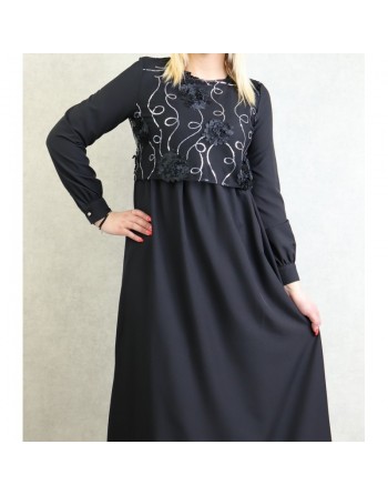 Robe élégante maxi-longue et ample bi-matière pour femme (Grande taille disponible) - Couleur noir 