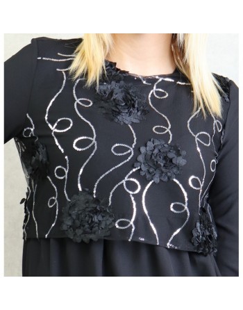 Robe élégante maxi-longue et ample bi-matière pour femme (Grande taille disponible) - Couleur noir 