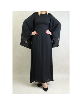 Robe de soirée maxi-longue élégante et raffinée manches kimono pour femme - Couleur Noir 