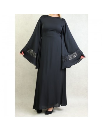 Robe de soirée maxi-longue élégante et raffinée manches kimono pour femme - Couleur Noir 