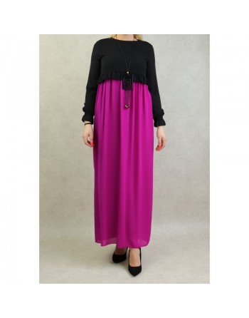 Robe de soirée maxi-longue bicolore assortie d'un collier pour femme - Couleur Noir et Violet 