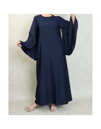 Robe longue manches évasées avec sa ceinture - Couleur Bleu marine 