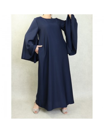 Robe longue manches évasées avec sa ceinture - Couleur Bleu marine 