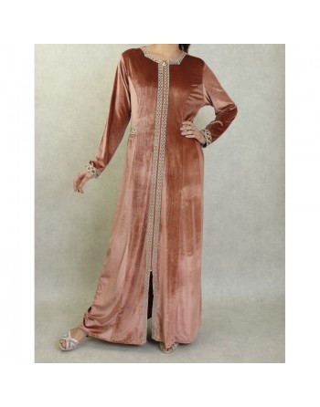 Robe longue en velours brodée fermeture zip pour femme (Automne/Hiver) - Couleur Beige 