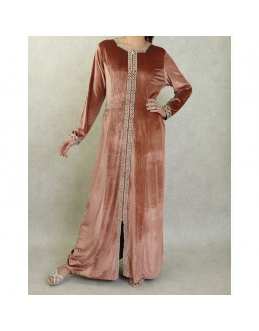 Robe longue en velours brodée fermeture zip pour femme (Automne/Hiver) - Couleur Beige Robe longue en velours brodée fermeture zip pour femme (Automne/Hiver) - Couleur Beige