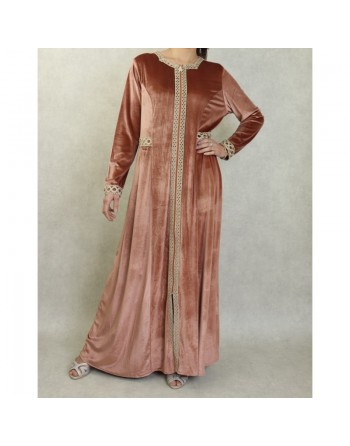 Robe longue en velours brodée fermeture zip pour femme (Automne/Hiver) - Couleur Beige 