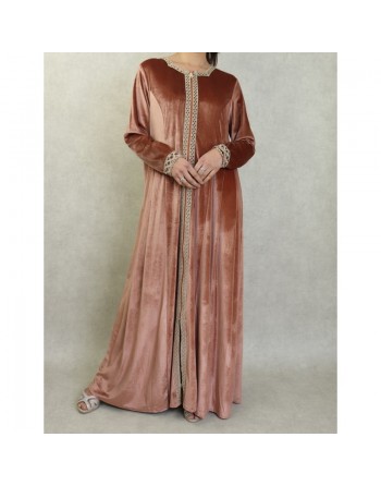 Robe longue en velours brodée fermeture zip pour femme (Automne/Hiver) - Couleur Beige 