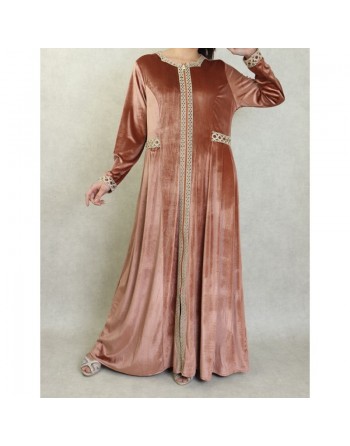 Robe longue en velours brodée fermeture zip pour femme (Automne/Hiver) - Couleur Beige 
