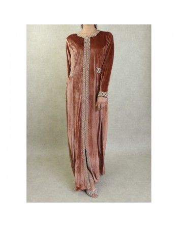 Robe longue en velours brodée fermeture zip pour femme (Automne/Hiver) - Couleur Beige 