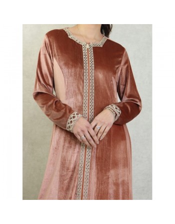 Robe longue en velours brodée fermeture zip pour femme (Automne/Hiver) - Couleur Beige 