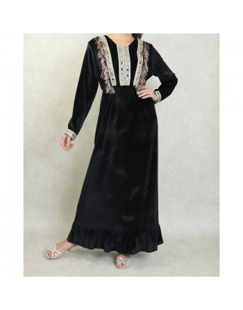 Robe longue orientale en velours avec broderies et jolies décorations pour femme - Couleur Noir 