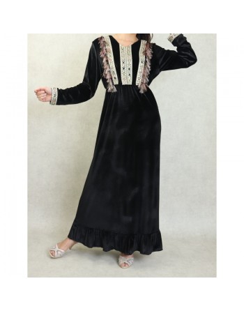 Robe longue orientale en velours avec broderies et jolies décorations pour femme - Couleur Noir 