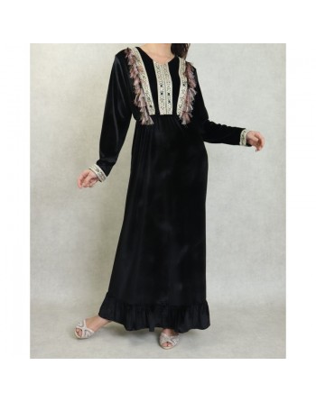 Robe longue orientale en velours avec broderies et jolies décorations pour femme - Couleur Noir 
