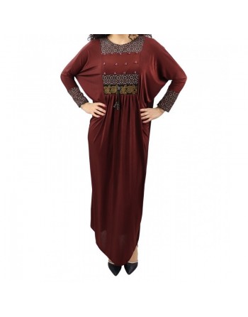 Abaya longue Marron avec broderies et perles (écharpe assortie) 