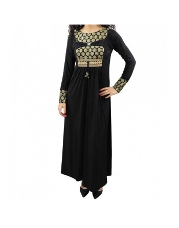 Abaya longue noire avec broderies et motifs dorés (écharpe assortie) 
