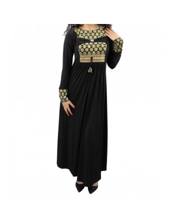 Abaya longue noire avec broderies et motifs dorés (écharpe assortie) 