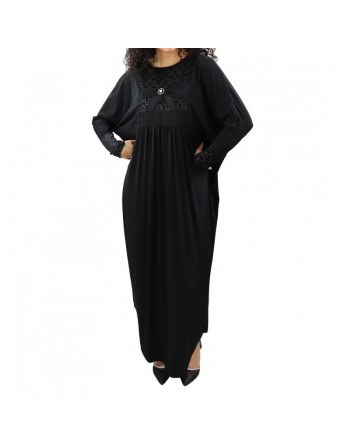 Abaya longue noire avec broderies (écharpe assortie) 