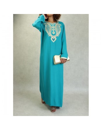 Robe orientale pour femme avec broderie dorée et strass multicouleur - Couleur Vert émeraude 