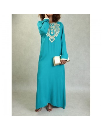 Robe orientale pour femme avec broderie dorée et strass multicouleur - Couleur Vert émeraude 