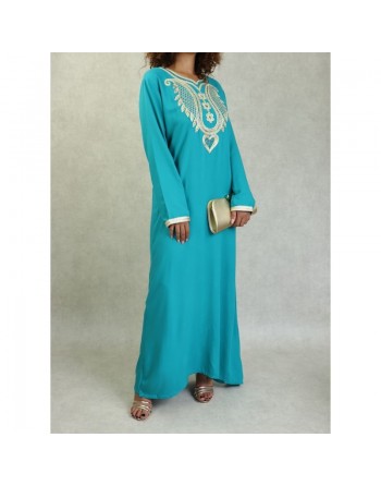 Robe orientale pour femme avec broderie dorée et strass multicouleur - Couleur Vert émeraude 