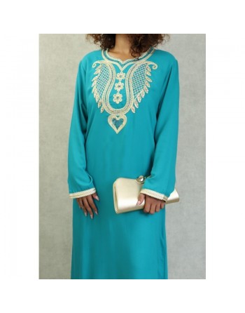 Robe orientale pour femme avec broderie dorée et strass multicouleur - Couleur Vert émeraude 