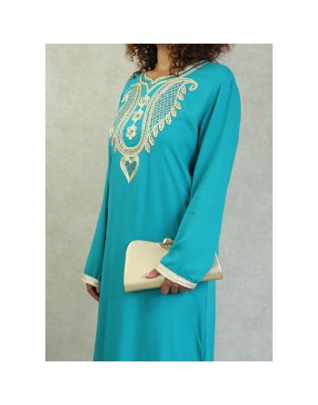 Robe orientale pour femme avec broderie dorée et strass multicouleur - Couleur Vert émeraude 