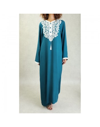 Robe longue style oriental arabe brodée pour femme - Couleur Bleu Pétrole 
