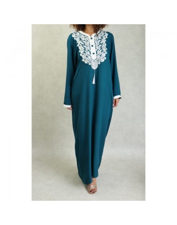 Robe longue style oriental arabe brodée pour femme - Couleur Bleu Pétrole 