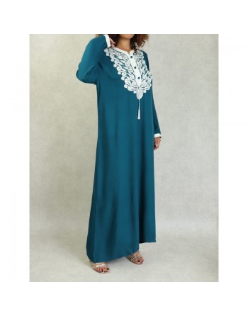 Robe longue style oriental arabe brodée pour femme - Couleur Bleu Pétrole 