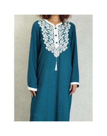 Robe longue style oriental arabe brodée pour femme - Couleur Bleu Pétrole 