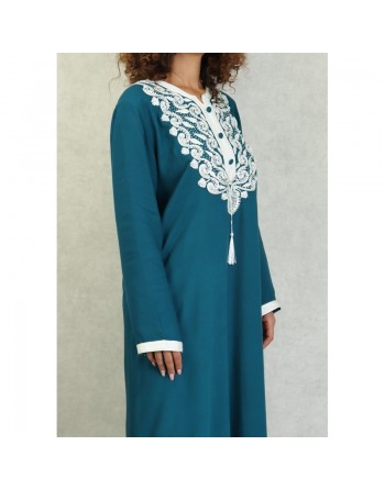 Robe longue style oriental arabe brodée pour femme - Couleur Bleu Pétrole 