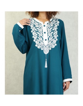 Robe longue style oriental arabe brodée pour femme - Couleur Bleu Pétrole 