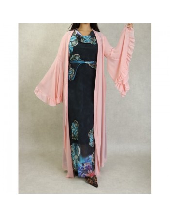 Robe longue sans manches en mousseline de couleur blanc Gris à motifs fleuris bleus et ceinture assortie 