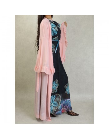 Robe longue sans manches en mousseline de couleur blanc Gris à motifs fleuris bleus et ceinture assortie 