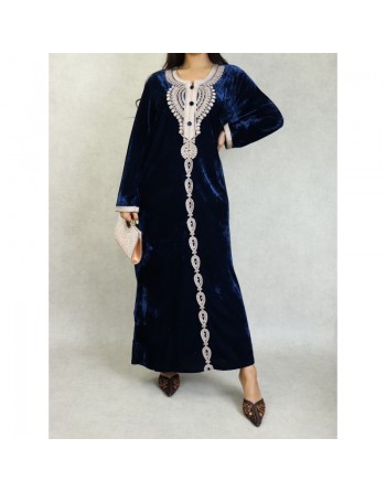 Robe longue en velours avec broderies et perles sur toute la longueur (Robes Automne-Hiver pour femme) - Couleur Bleu marine 