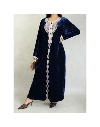 Robe longue en velours avec broderies et perles sur toute la longueur (Robes Automne-Hiver pour femme) - Couleur Bleu marine 