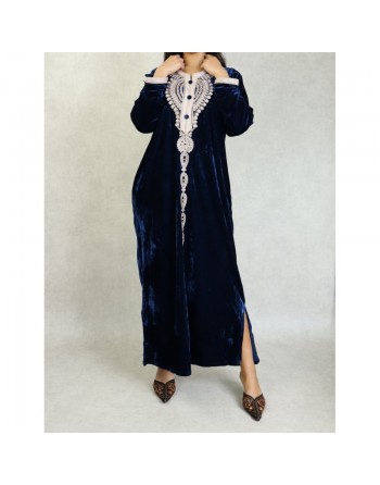 Robe longue en velours avec broderies et perles sur toute la longueur (Robes Automne-Hiver pour femme) - Couleur Bleu marine 