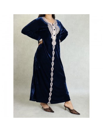 Robe longue en velours avec broderies et perles sur toute la longueur (Robes Automne-Hiver pour femme) - Couleur Bleu marine 
