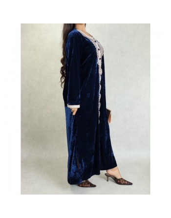 Robe longue en velours avec broderies et perles sur toute la longueur (Robes Automne-Hiver pour femme) - Couleur Bleu marine 