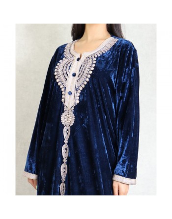 Robe longue en velours avec broderies et perles sur toute la longueur (Robes Automne-Hiver pour femme) - Couleur Bleu marine 