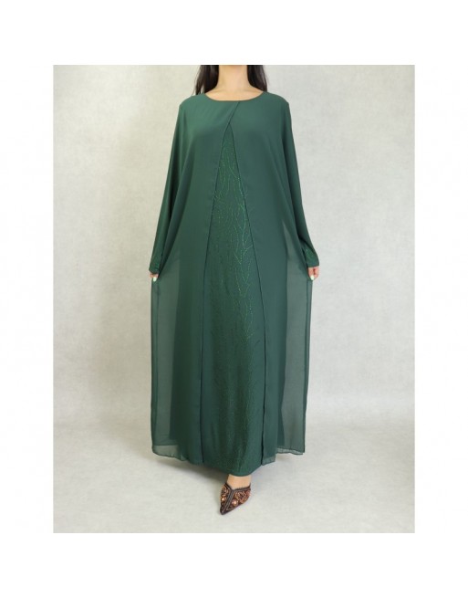 Robe de soirée Abaya avec kimono intégré (Kibaya) pour femme - Couleur vert sapin Robe de soirée Abaya avec kimono intégré (Kibaya) pour femme - Couleur vert sapin