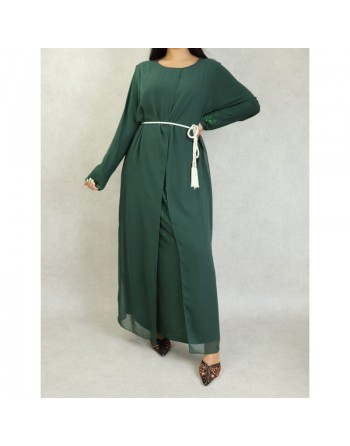Robe de soirée Abaya avec kimono intégré (Kibaya) pour femme - Couleur vert sapin 