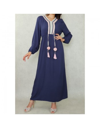 Robe longue décorée de pompons pour femme - Couleur Bleu marine 