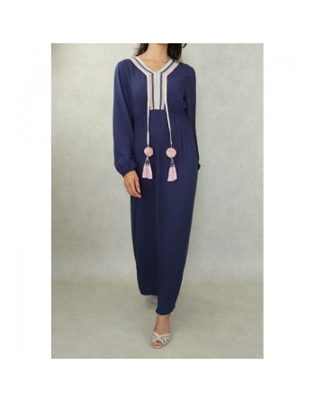 Robe longue décorée de pompons pour femme - Couleur Bleu marine 