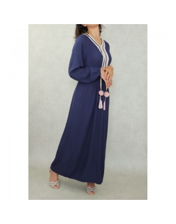 Robe longue décorée de pompons pour femme - Couleur Bleu marine 