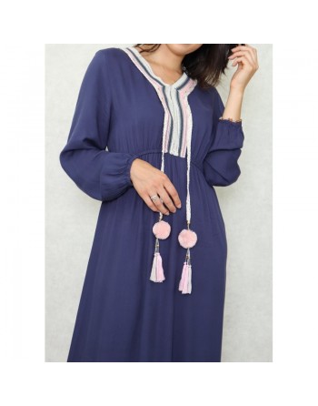 Robe longue décorée de pompons pour femme - Couleur Bleu marine 