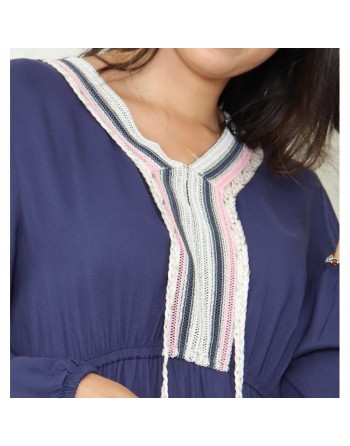 Robe longue décorée de pompons pour femme - Couleur Bleu marine 