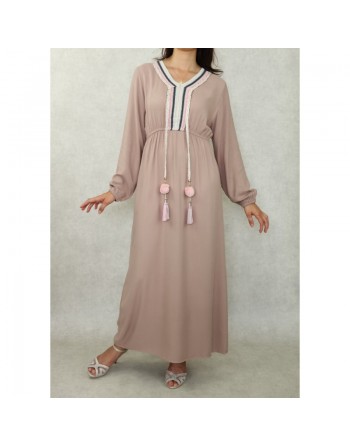 Robe longue décorée de pompons pour femme - Couleur Beige 