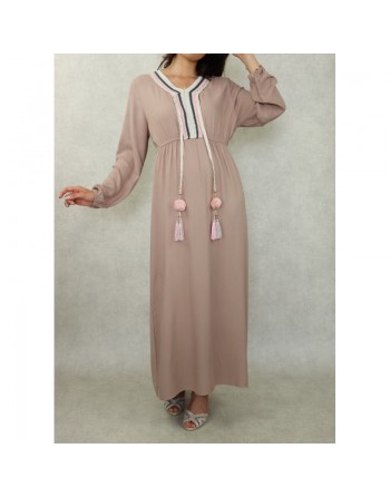 Robe longue décorée de pompons pour femme - Couleur Beige 